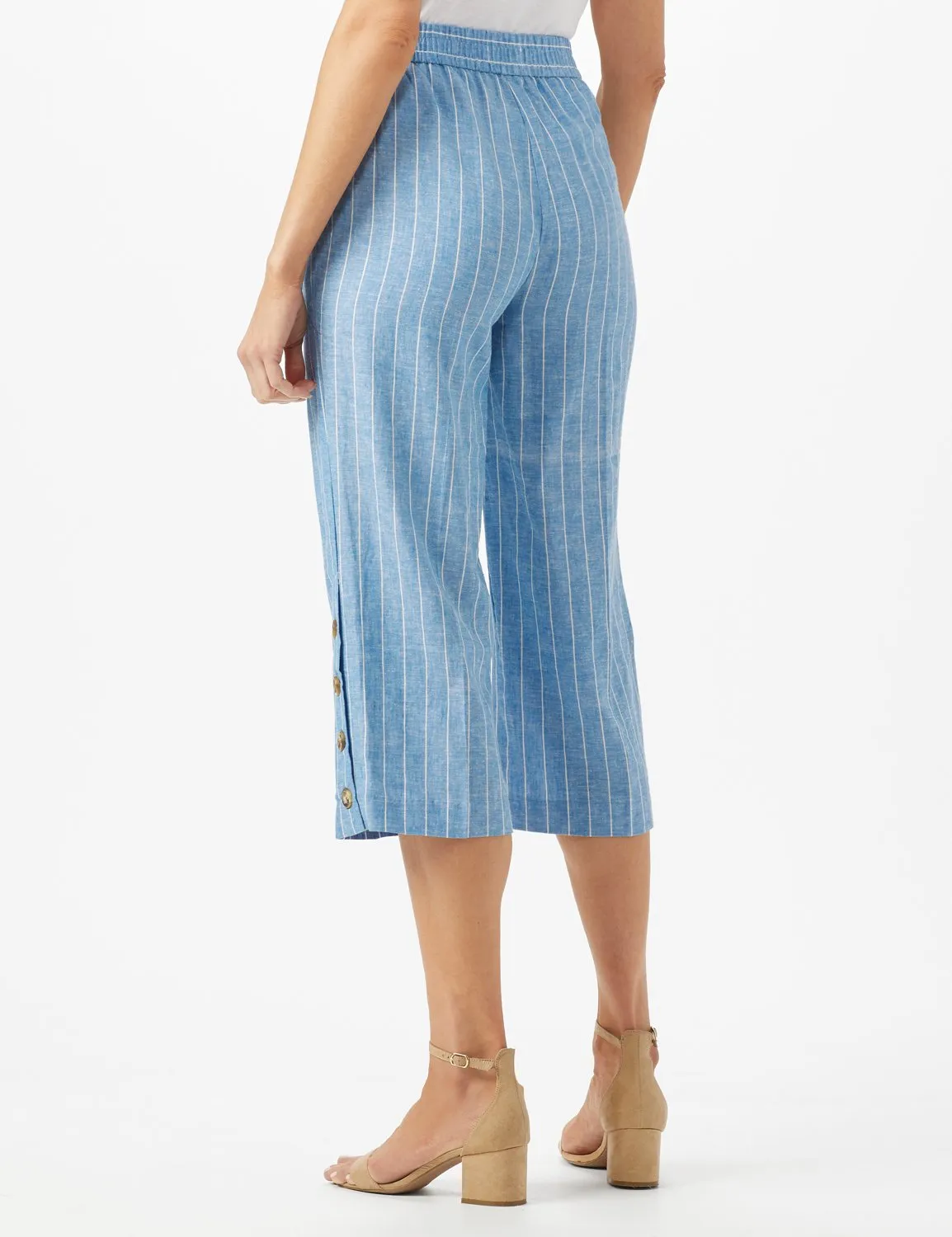Striped Elastic Waist Crop With Button Detail on Leg