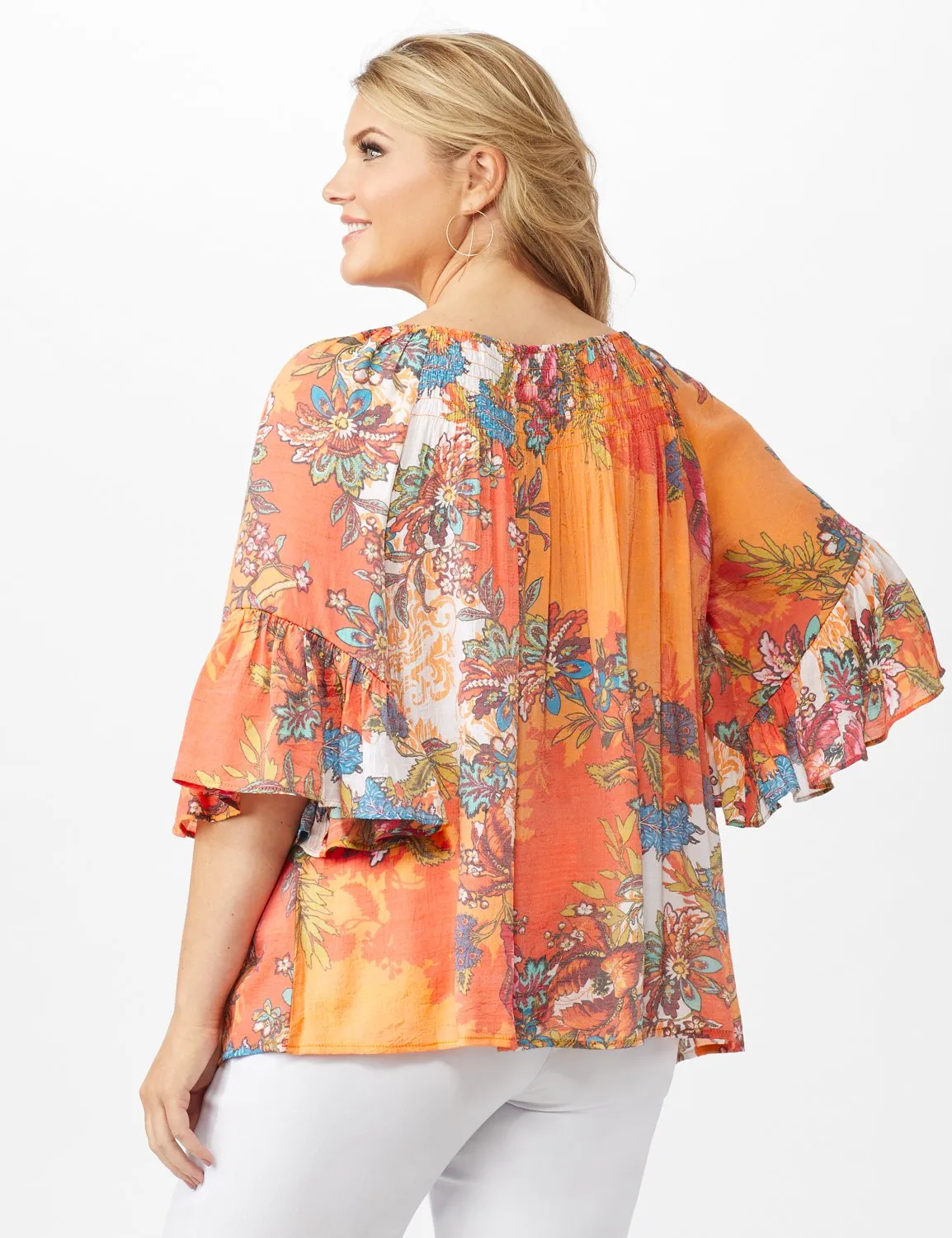 Textured Flounce Sleeve Bright Floral Top