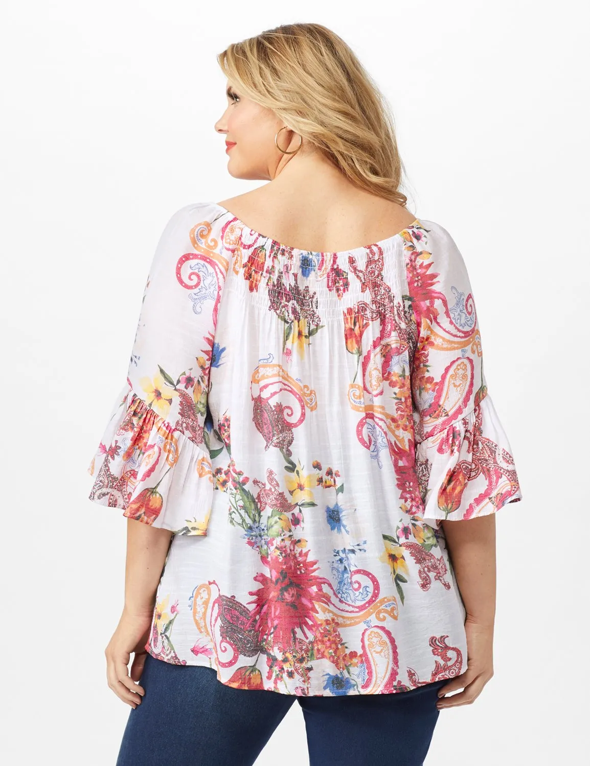 Textured Flounce Sleeve Floral/Paisley Top