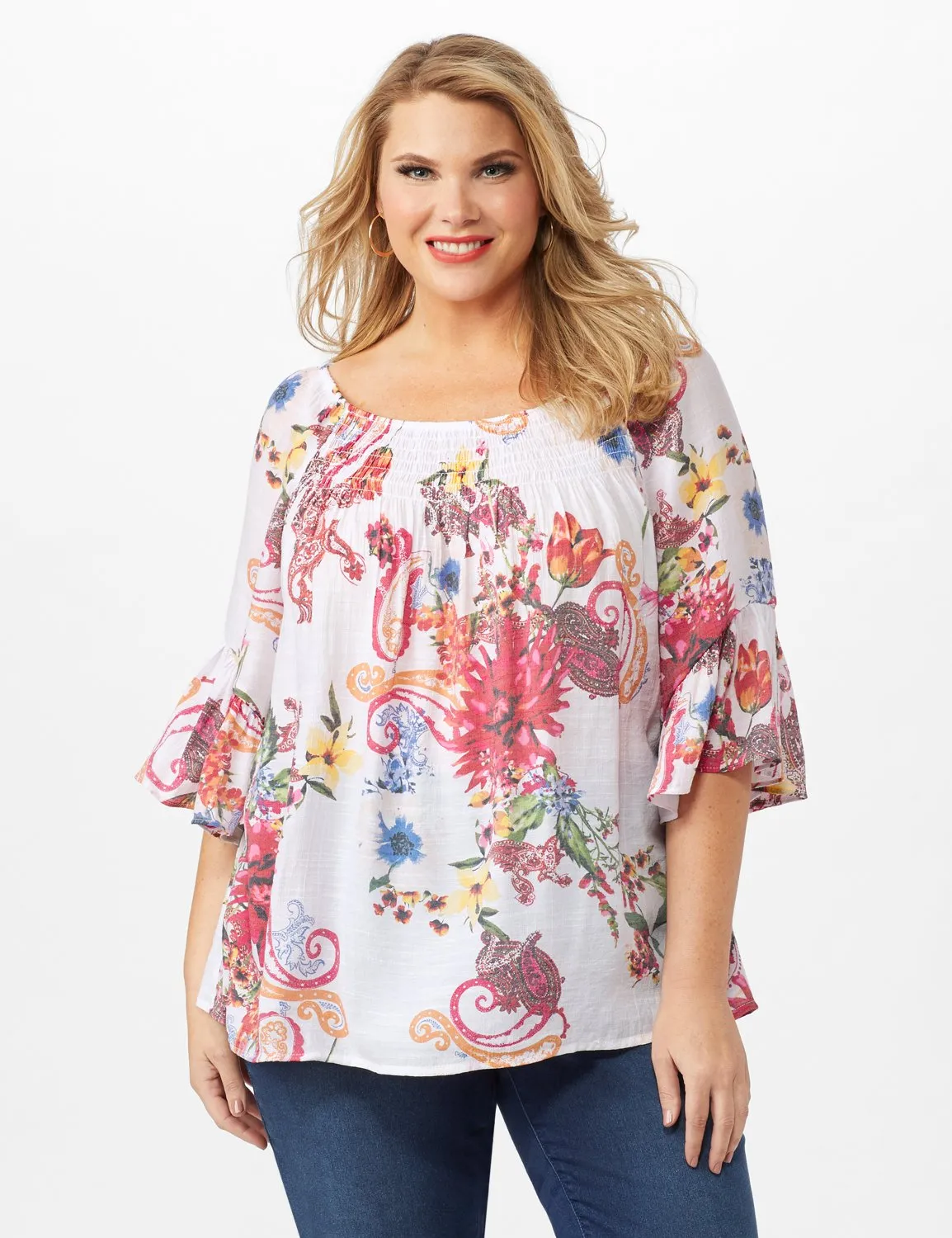 Textured Flounce Sleeve Floral/Paisley Top