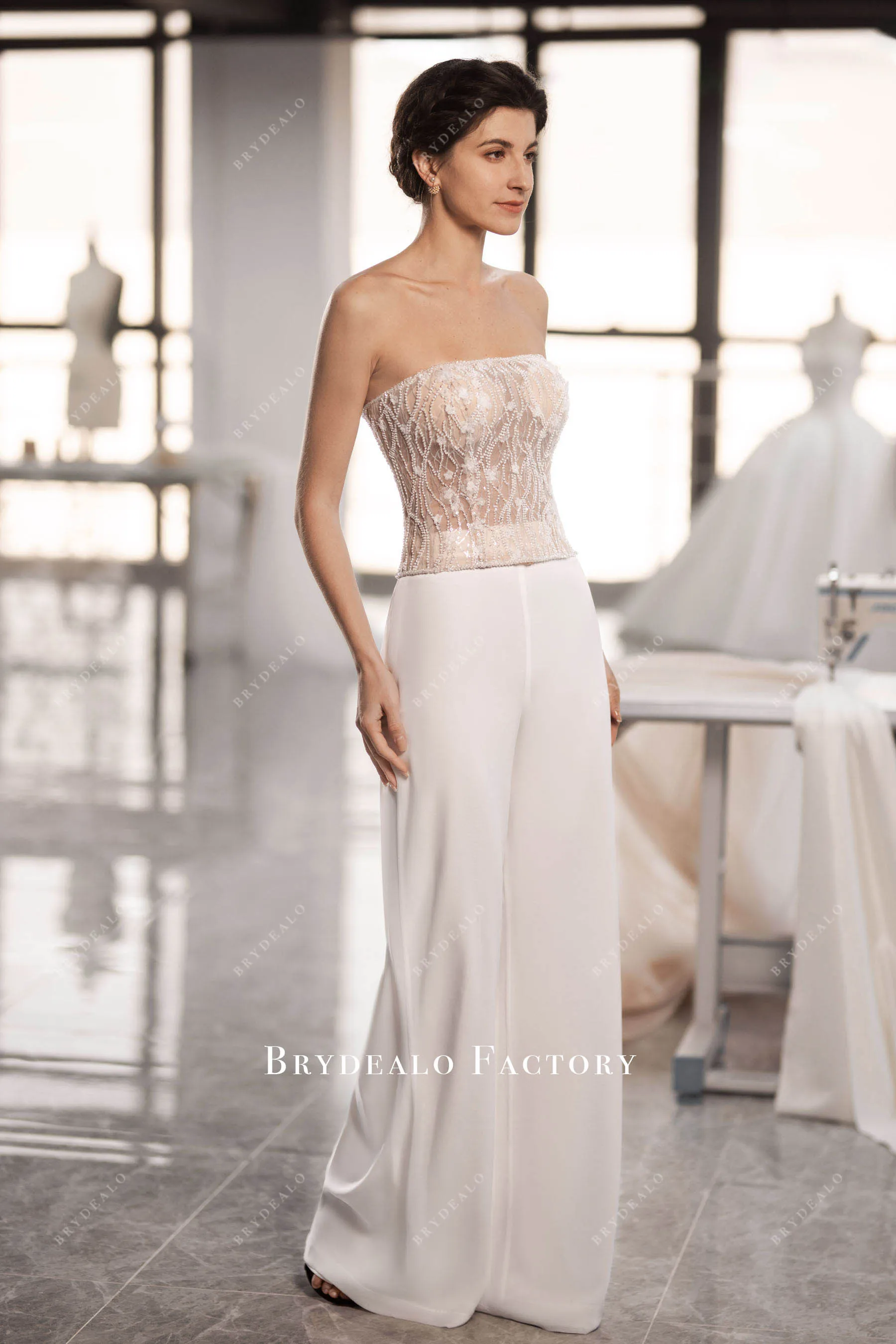 Two-Piece Sparkly Bridal Beaded Flowers Top & Chiffon Pants
