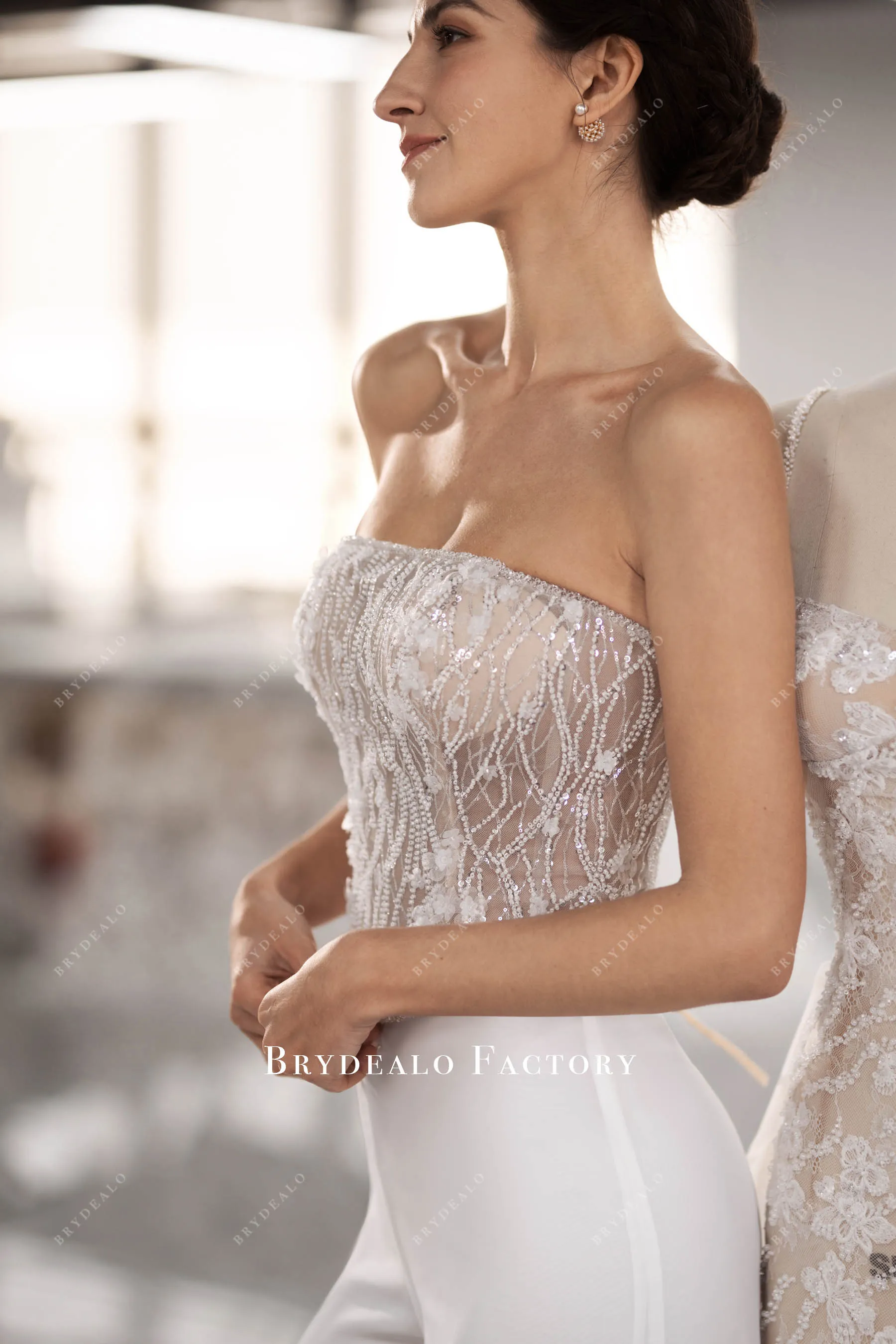 Two-Piece Sparkly Bridal Beaded Flowers Top & Chiffon Pants
