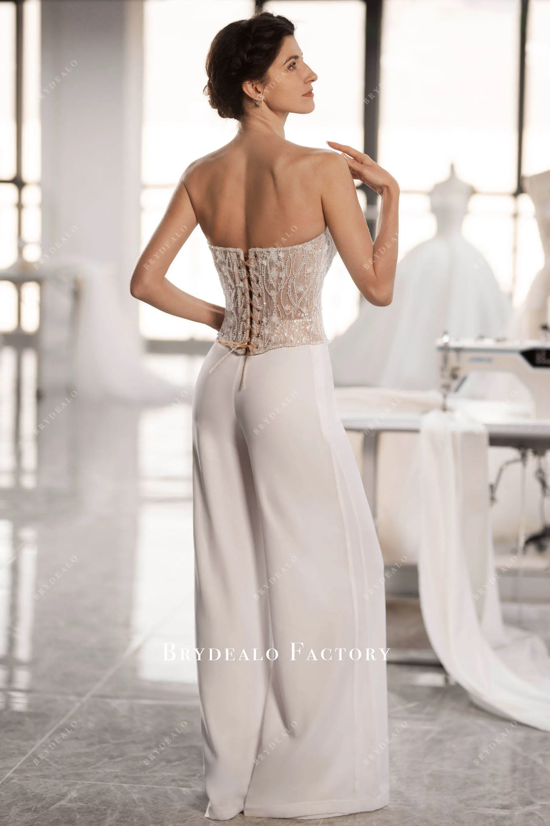 Two-Piece Sparkly Bridal Beaded Flowers Top & Chiffon Pants