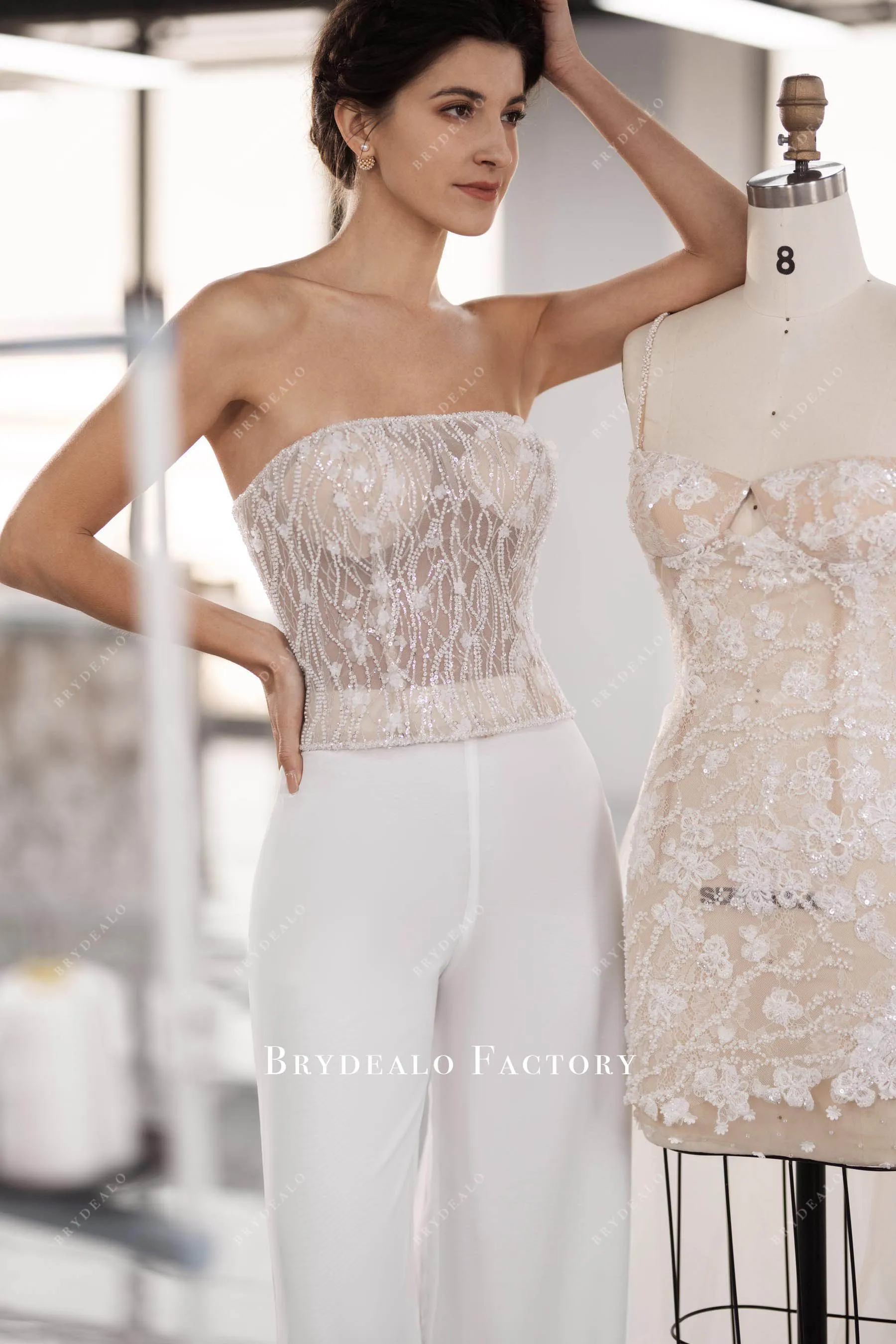 Two-Piece Sparkly Bridal Beaded Flowers Top & Chiffon Pants