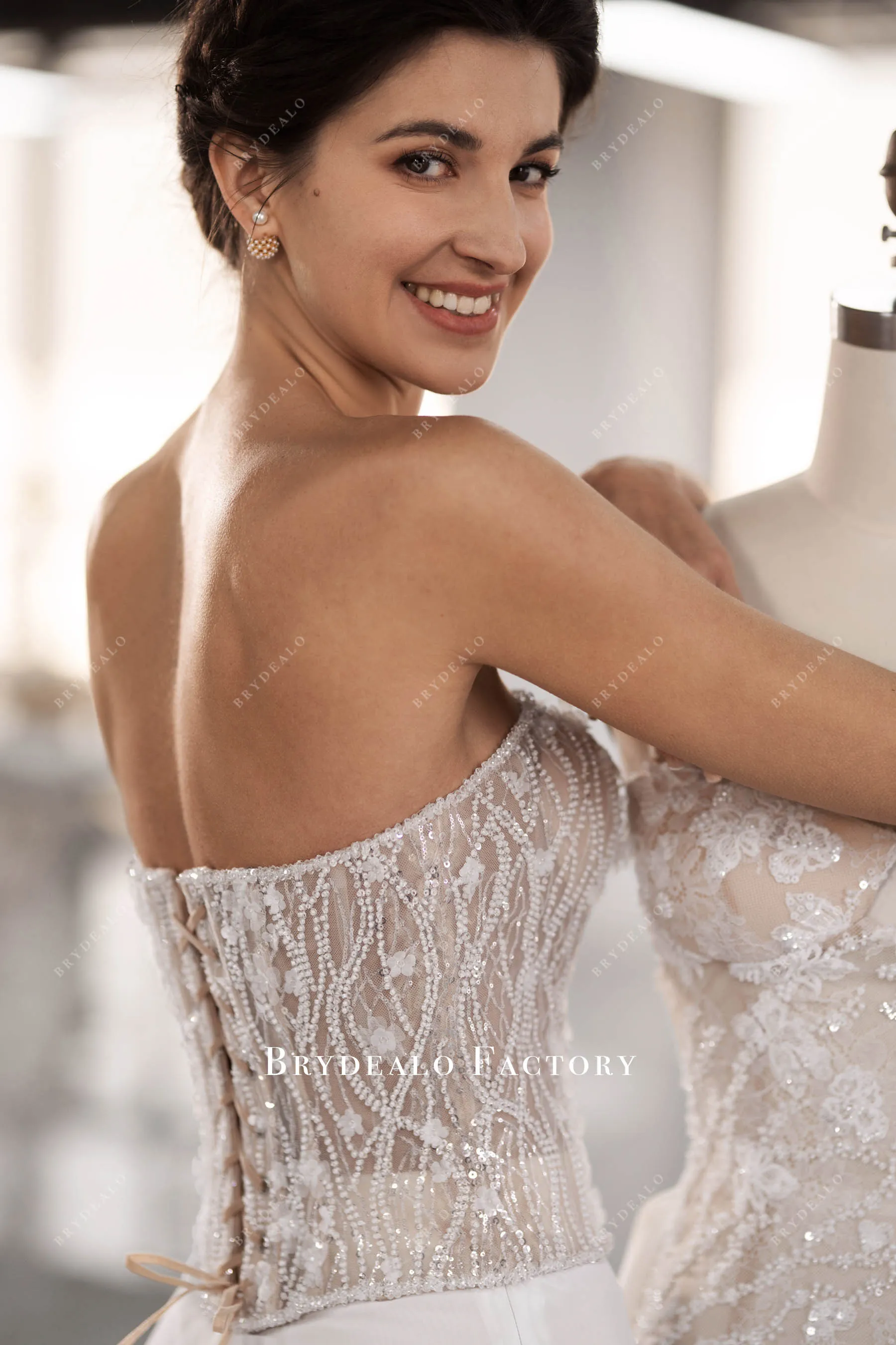 Two-Piece Sparkly Bridal Beaded Flowers Top & Chiffon Pants