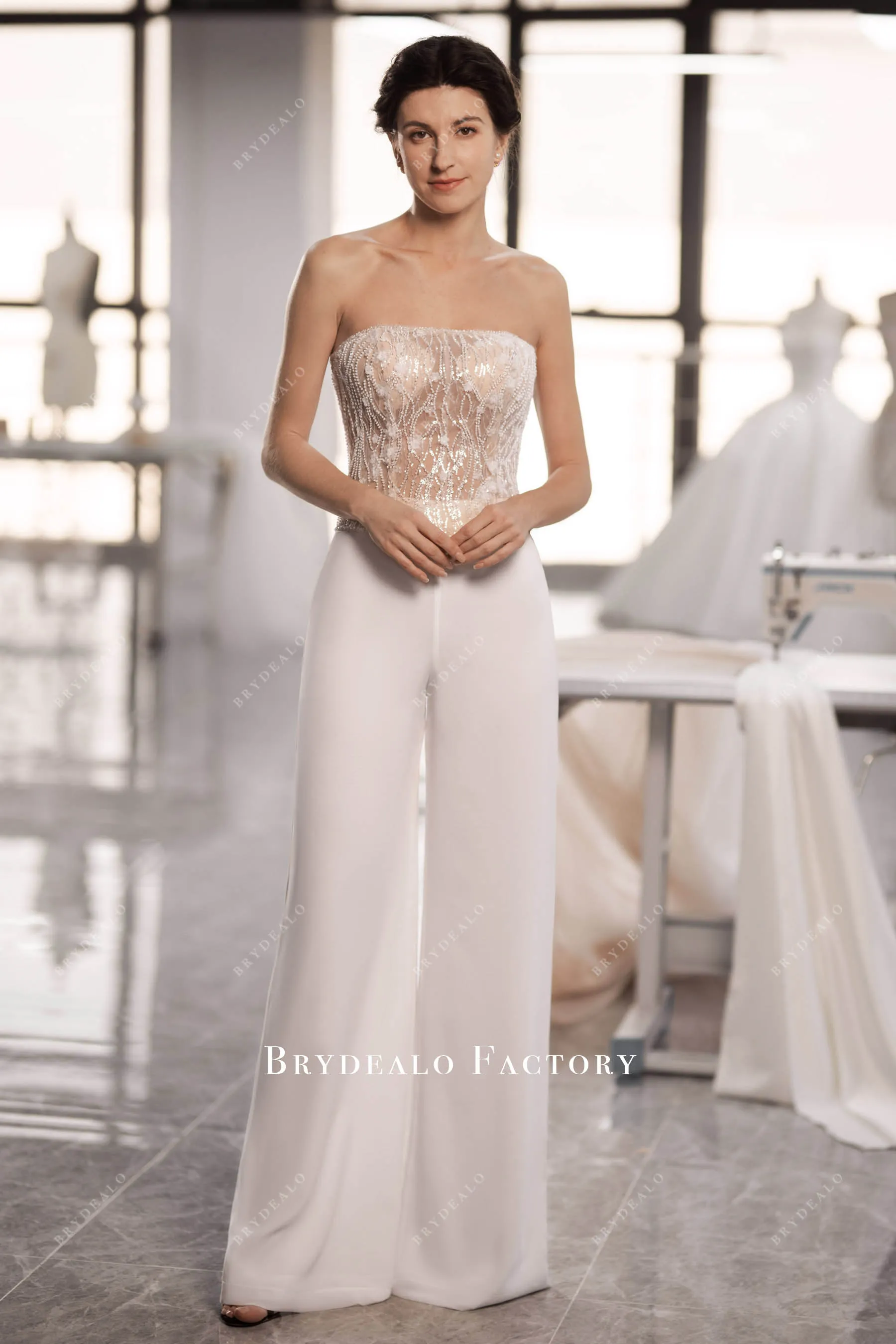 Two-Piece Sparkly Bridal Beaded Flowers Top & Chiffon Pants