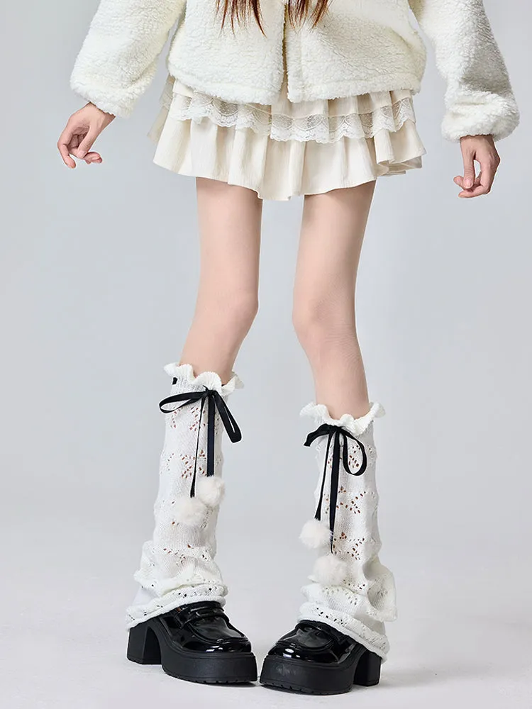 White/Black Lolita Ribbon Bowknot Ruffled Cuff Leg Warmers With Pompons