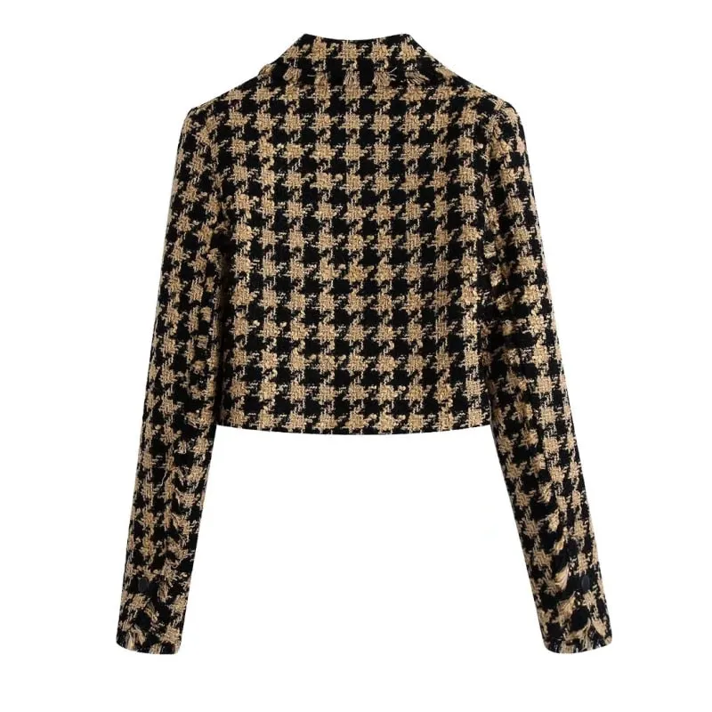 Wjczt Vintage Elegant Houndstooth Plaid Skirts Suits Women Fashion Cropped Texture Blazers Mini Skirts Ladies Outwear