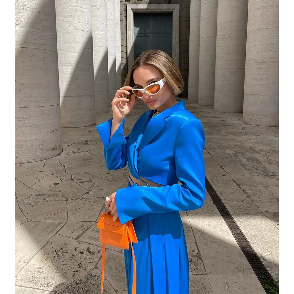 Wjczt  Women 2022 New Fashion lacing Cropped satin texture Blazer Coat Vintage Long Sleeve Female Outerwear Chic Femme Pants set