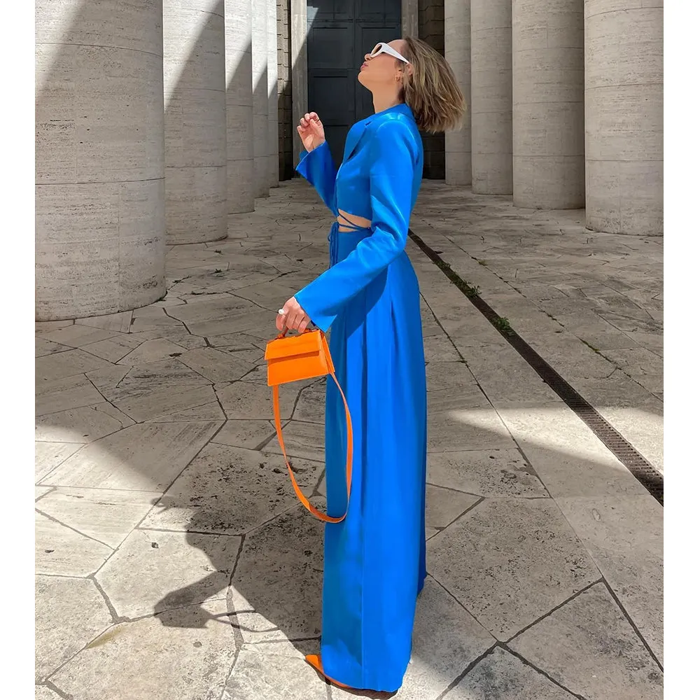 Wjczt  Women 2022 New Fashion lacing Cropped satin texture Blazer Coat Vintage Long Sleeve Female Outerwear Chic Femme Pants set
