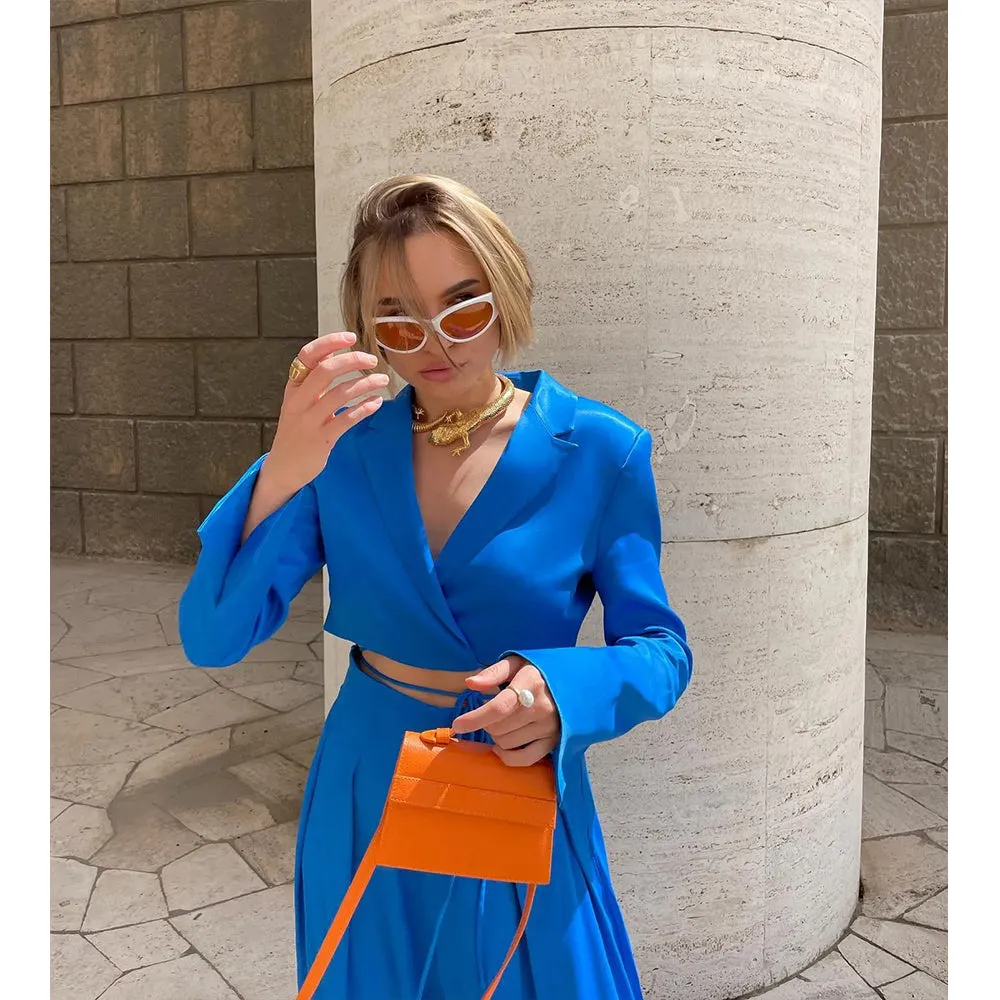 Wjczt  Women 2022 New Fashion lacing Cropped satin texture Blazer Coat Vintage Long Sleeve Female Outerwear Chic Femme Pants set