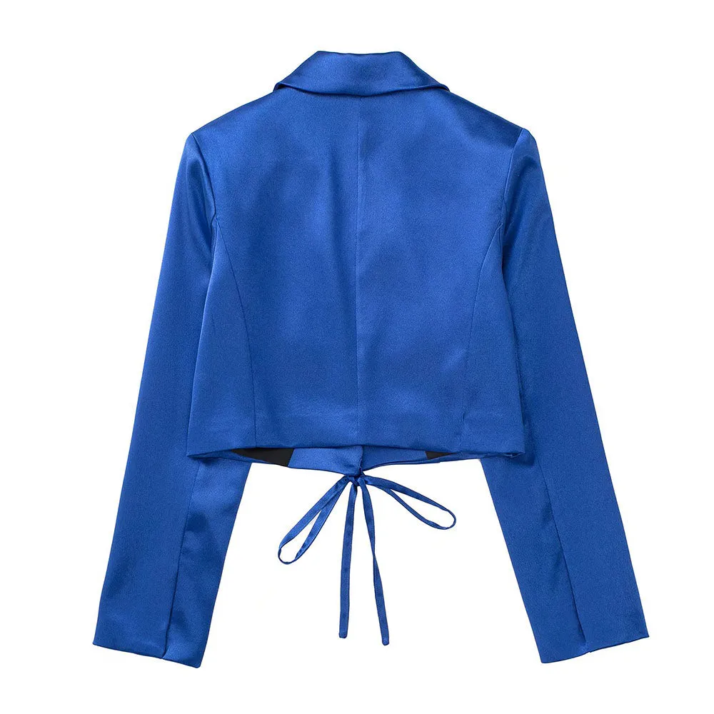 Wjczt  Women 2022 New Fashion lacing Cropped satin texture Blazer Coat Vintage Long Sleeve Female Outerwear Chic Femme Pants set