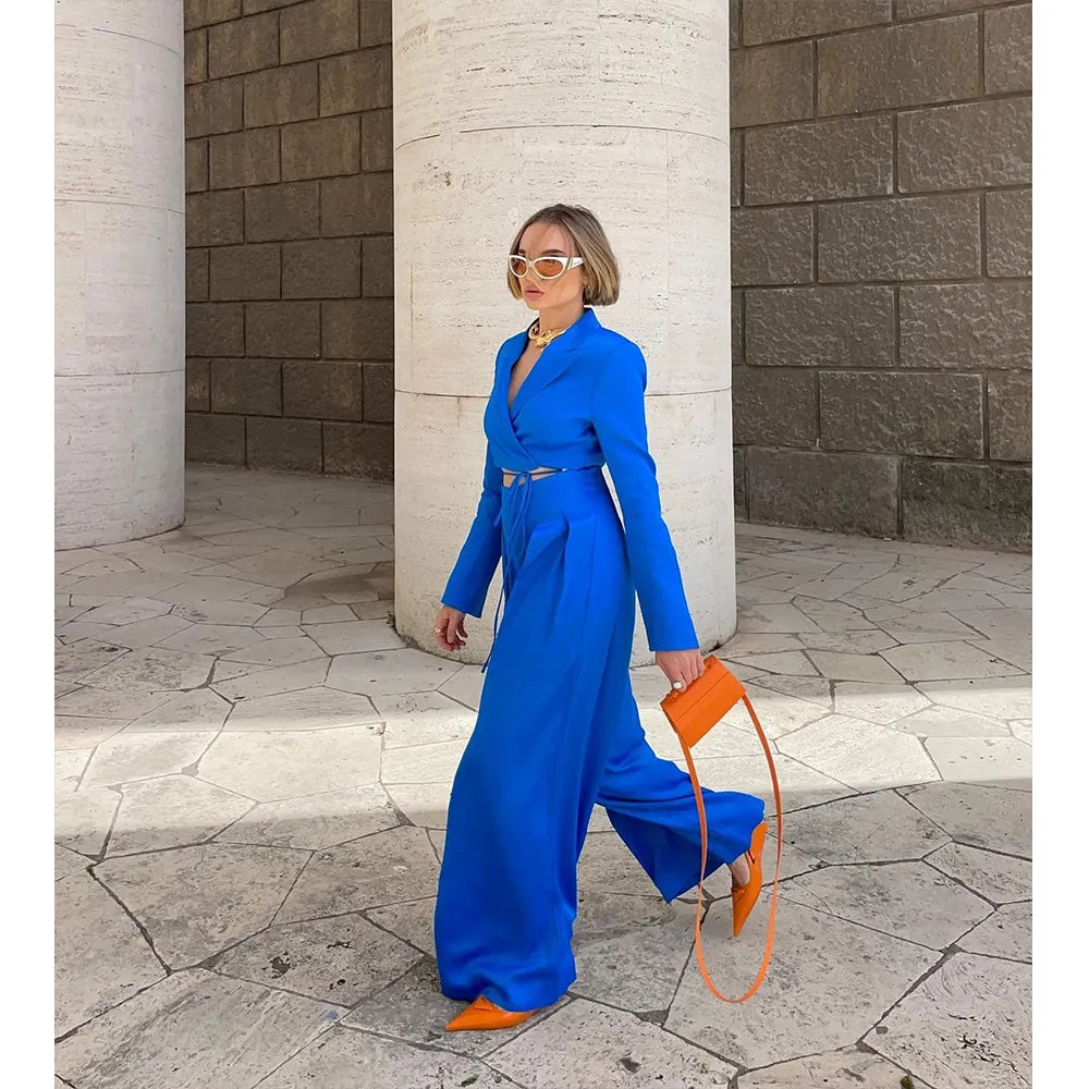 Wjczt  Women 2022 New Fashion lacing Cropped satin texture Blazer Coat Vintage Long Sleeve Female Outerwear Chic Femme Pants set