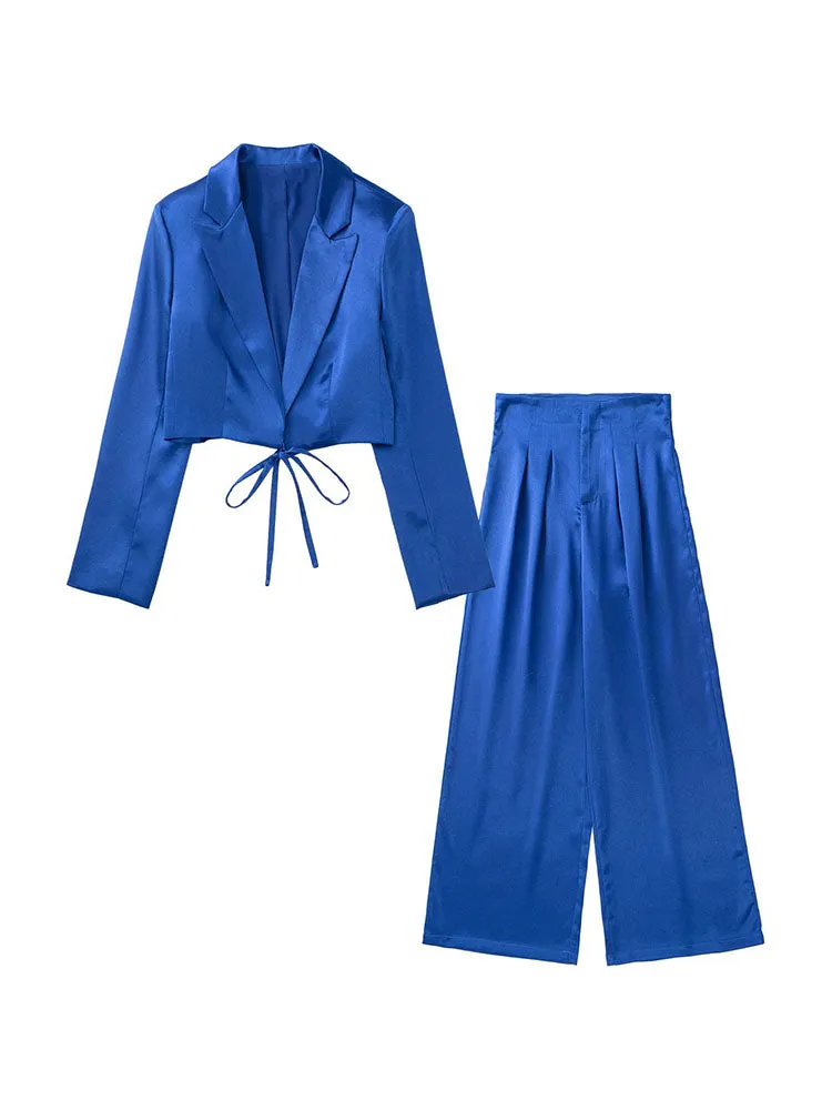 Wjczt  Women 2022 New Fashion lacing Cropped satin texture Blazer Coat Vintage Long Sleeve Female Outerwear Chic Femme Pants set