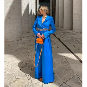 Wjczt  Women 2022 New Fashion lacing Cropped satin texture Blazer Coat Vintage Long Sleeve Female Outerwear Chic Femme Pants set