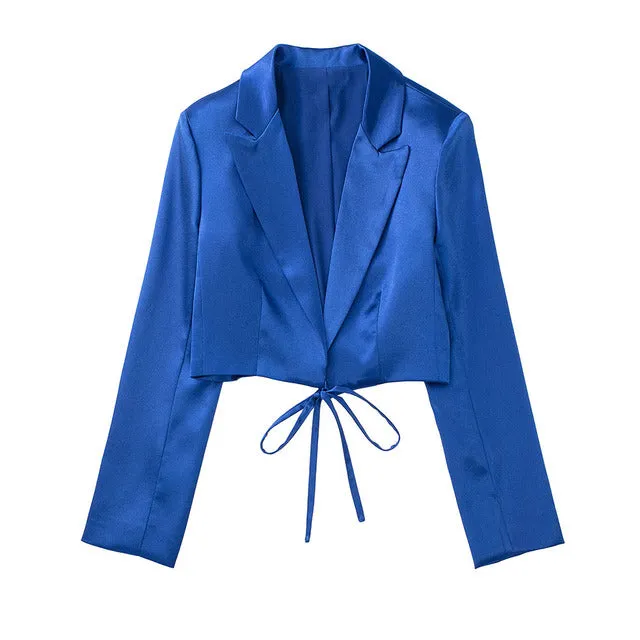 Wjczt  Women 2022 New Fashion lacing Cropped satin texture Blazer Coat Vintage Long Sleeve Female Outerwear Chic Femme Pants set
