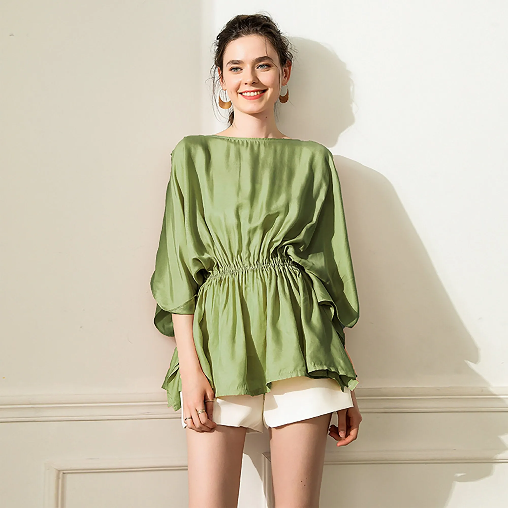 Women's Elastic Smocked Waist Shirt,Half Sleeve Loose Blouse,Crew Neck Top Shirt,Lady crepe Tops,Women Blouses,Pink Shirt,Green Blouse Tops