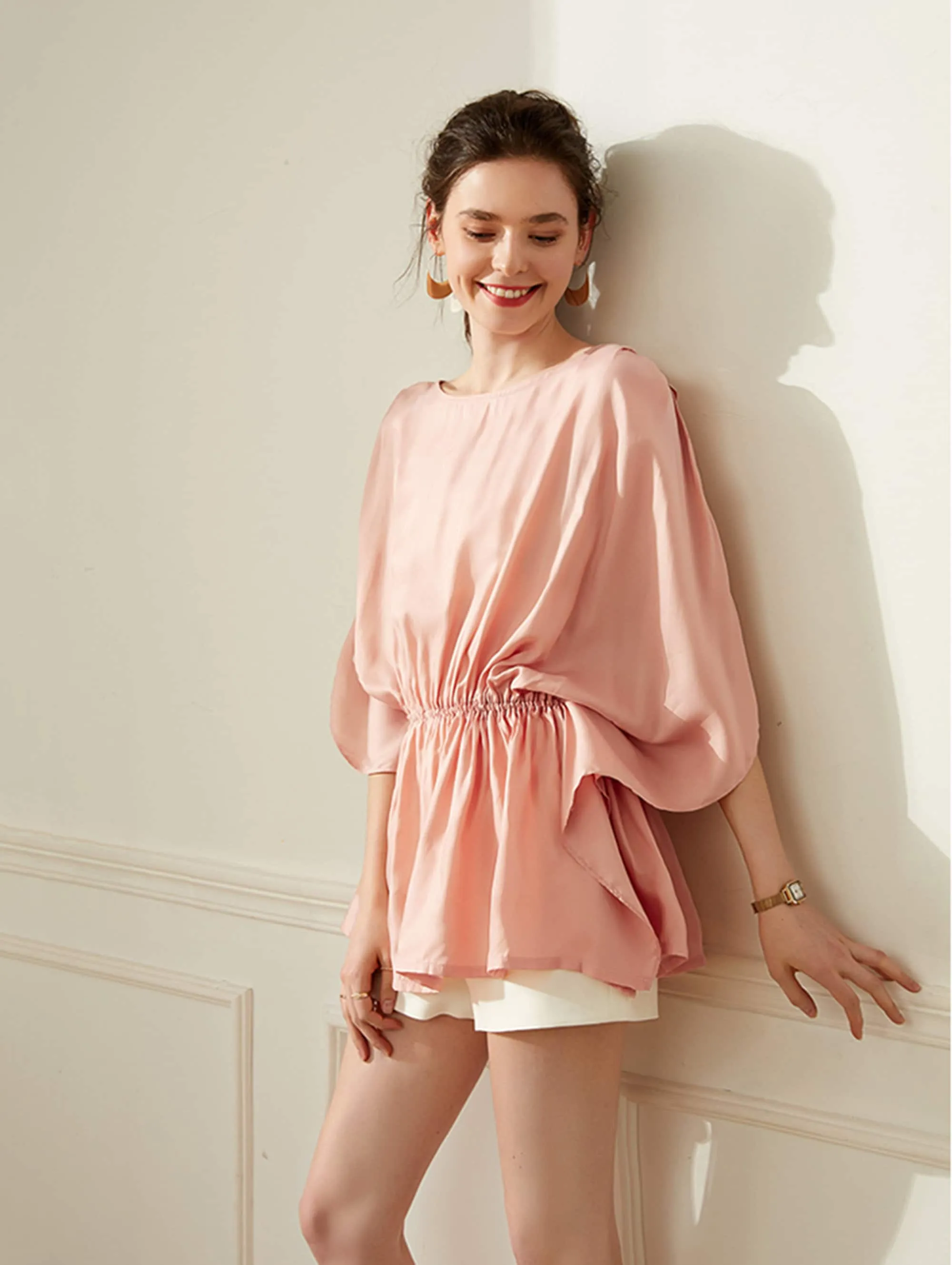 Women's Elastic Smocked Waist Shirt,Half Sleeve Loose Blouse,Crew Neck Top Shirt,Lady crepe Tops,Women Blouses,Pink Shirt,Green Blouse Tops