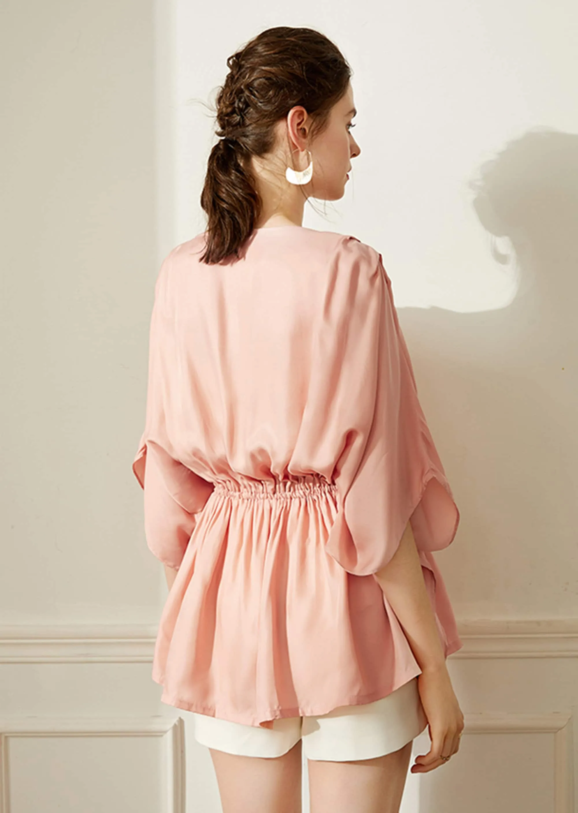 Women's Elastic Smocked Waist Shirt,Half Sleeve Loose Blouse,Crew Neck Top Shirt,Lady crepe Tops,Women Blouses,Pink Shirt,Green Blouse Tops
