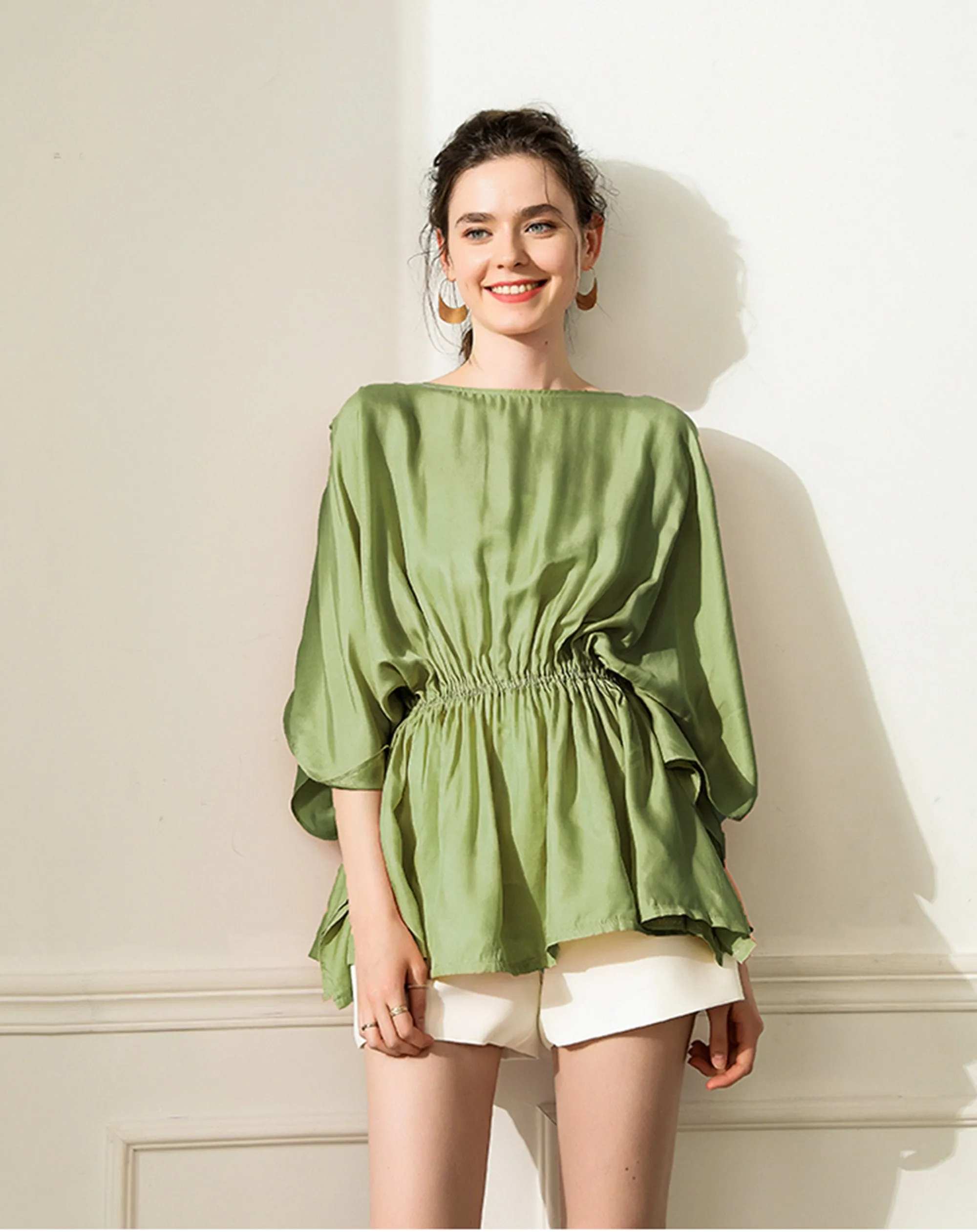 Women's Elastic Smocked Waist Shirt,Half Sleeve Loose Blouse,Crew Neck Top Shirt,Lady crepe Tops,Women Blouses,Pink Shirt,Green Blouse Tops