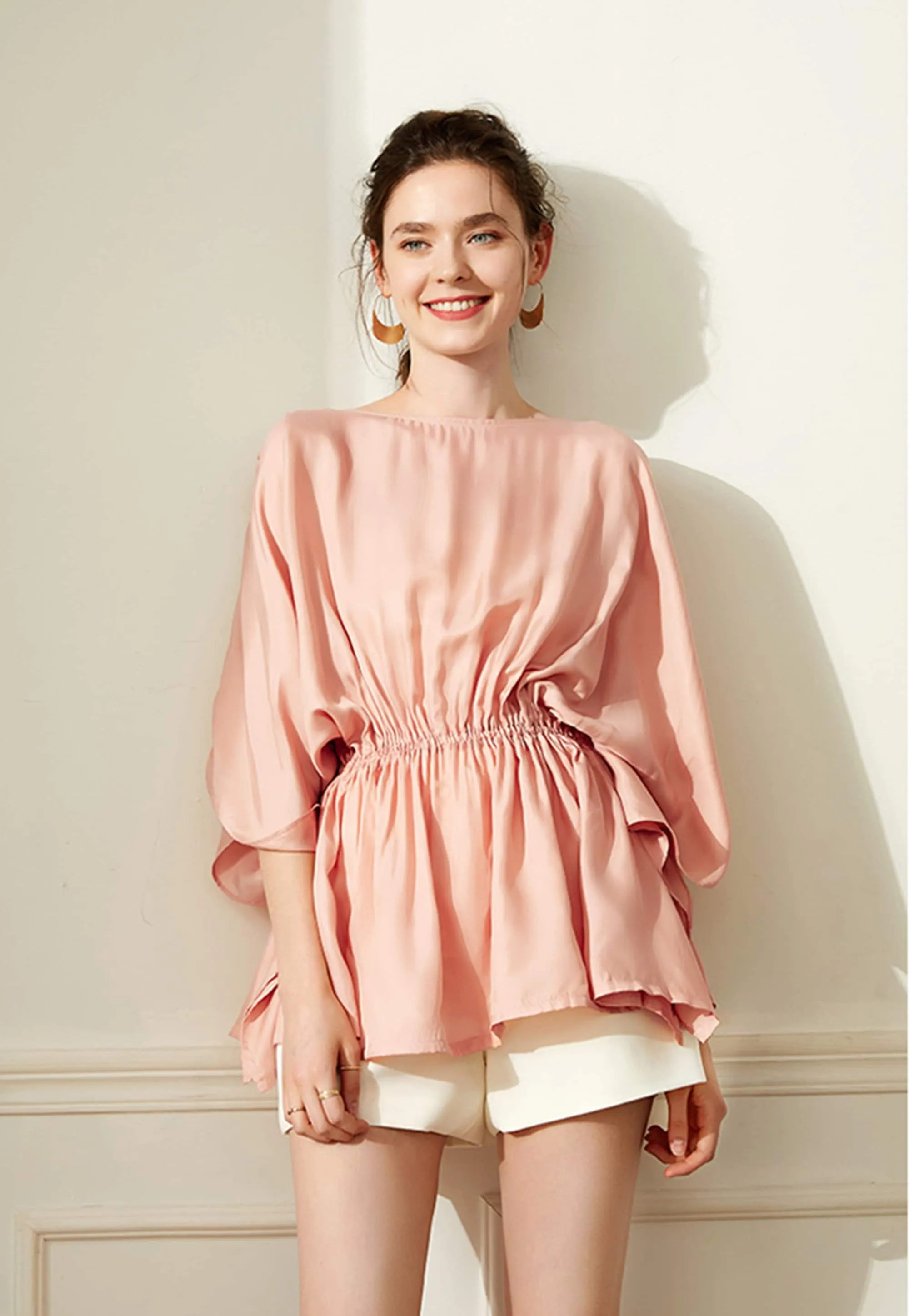 Women's Elastic Smocked Waist Shirt,Half Sleeve Loose Blouse,Crew Neck Top Shirt,Lady crepe Tops,Women Blouses,Pink Shirt,Green Blouse Tops